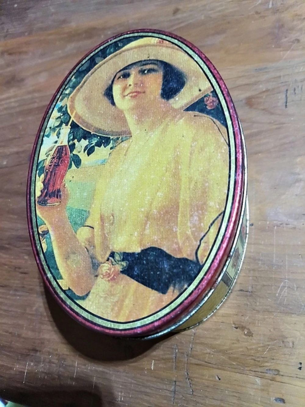 Coca-Cola Vintage Coca-Cola Oval Tin with Woman in Straw Hat Vintage Oval Tin